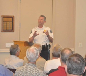 New Garden Police Chief Gerald Simpson speaks with residents, Thursday night, during the township's first town hall meeting with residents to discuss police services. In addition to unveiling the new police department Website and answering questions, there were presentations on gang activity and the spread of heroin in southern Chester County.