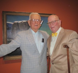 Karl Kuerner, whose farm was a frequent Andrew Wyeth  and whose son of the same name is an artist, poses with George A. “Frolic” Weymouth, an artist and co-founder and board chairman of the Brandywine Conservancy, at the opening of “Jamie Wyeth, Rockwell Kent and Monhegan.”