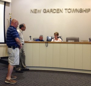 Michael Decker (from left) and Peter Scilla respond to questions from New Garden Township Supervisors Robert J. Perrotti and Betty Gordon at Wednesday's meeting. 