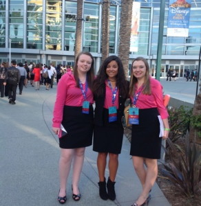 Kiera Judge (from left), Julia Rivera, and Kristen Miller at the Anaheim Convention Center, where their entrepreneurship team advanced to the final round of competition at the FBLA national conference. 