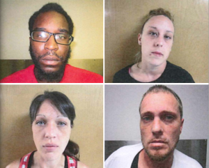 Demetrius A. Rochester (clockwise from top left), 23, of Peach Bottom; Jennifer N. Farris, 22, of Rising Sun, Md.; Bobby J. Guinn, 32, of Peach Bottom; and Lisa D. Senter, 24, of Quarryville, were arrested on burglary charges, police said.