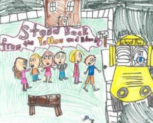 A first-place student drawing illustrates the importance of school bus safety.