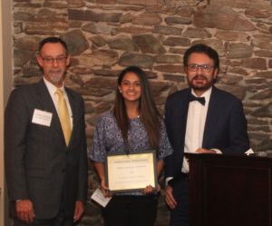 From left, West Chester University President Christopher Fiorentino, PhD, Wanezza Mughess and Dr. Mian Jan. Mughess  was awarded the William Darlington Memorial Scholarship.
